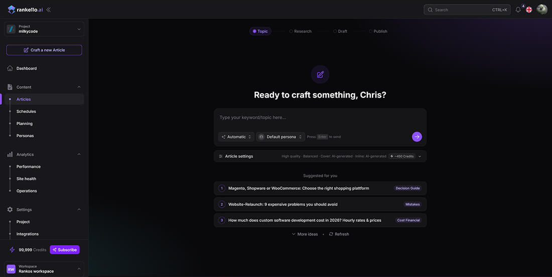 rankello AI content engine dashboard with a rising search ranking graph